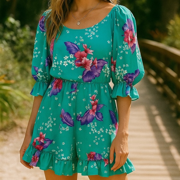 Vintage Pants - 70s Hawaiian Floral Jumpsuit Mod Blue Maxi Romper Tropical Teal